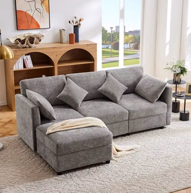 Divano modulare a 3 posti con pouf; braccioli regolabili; in chenille grigio 218x156;5x86 cm