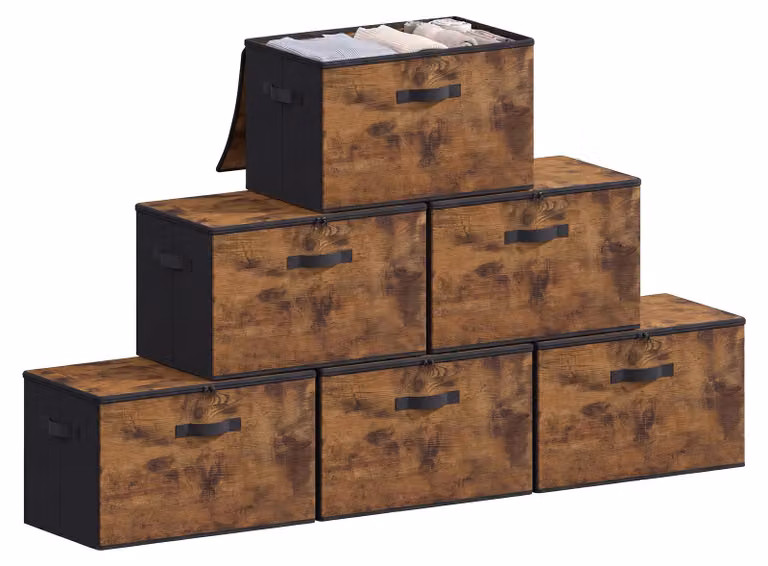 Set di 6 contenitori, scatole pieghevoli per abiti con coperchio | Nero | 40x30x25 cm