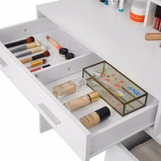 Comò da trucco – Ampio specchio – 5 cassetti – Struttura in vetro – 101x40x143 cm – Autoportante – Bianco