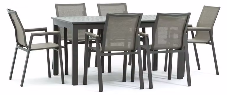Set da pranzo da esterno con tavolo allungabile in alluminio 150/210 x 90 cm, 6 sedie impilabili in Textilene e Polywood effetto legno nei modelli Alvaro e Deva/verde salvia