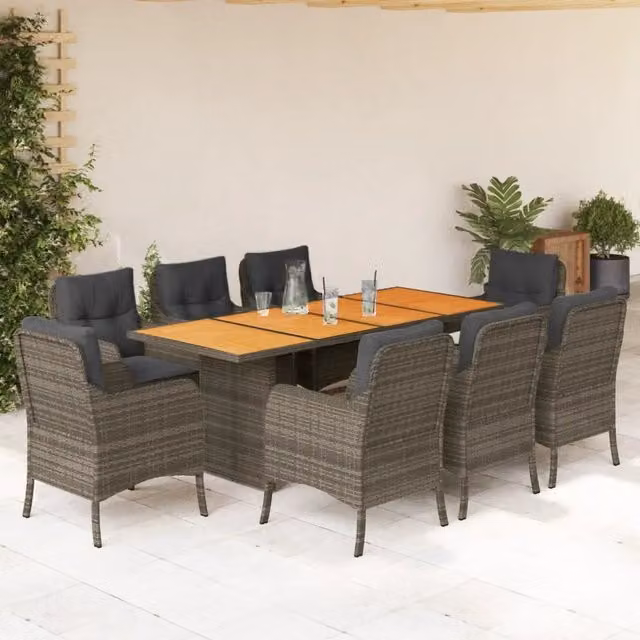 Set da Pranzo da Giardino vidaXL in Polyrattan e Legno di Acacia, 9 Pezzi, Grigio e Marrone