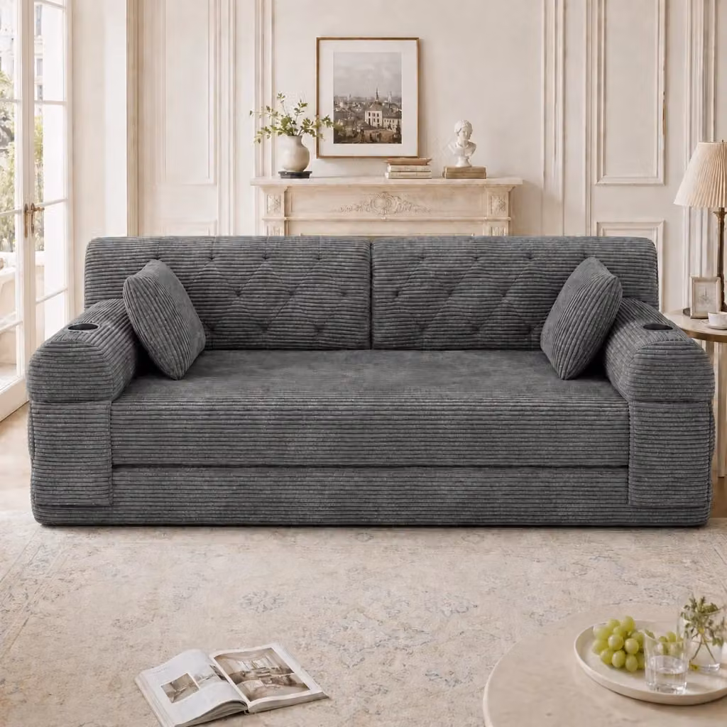 Divano letto a 2 posti moderno in velluto a coste grigio con schienale alto, 4 tasche laterali e 2 portabicchieri L: 168 cm, P: 81 cm, H: 80 cm – 2