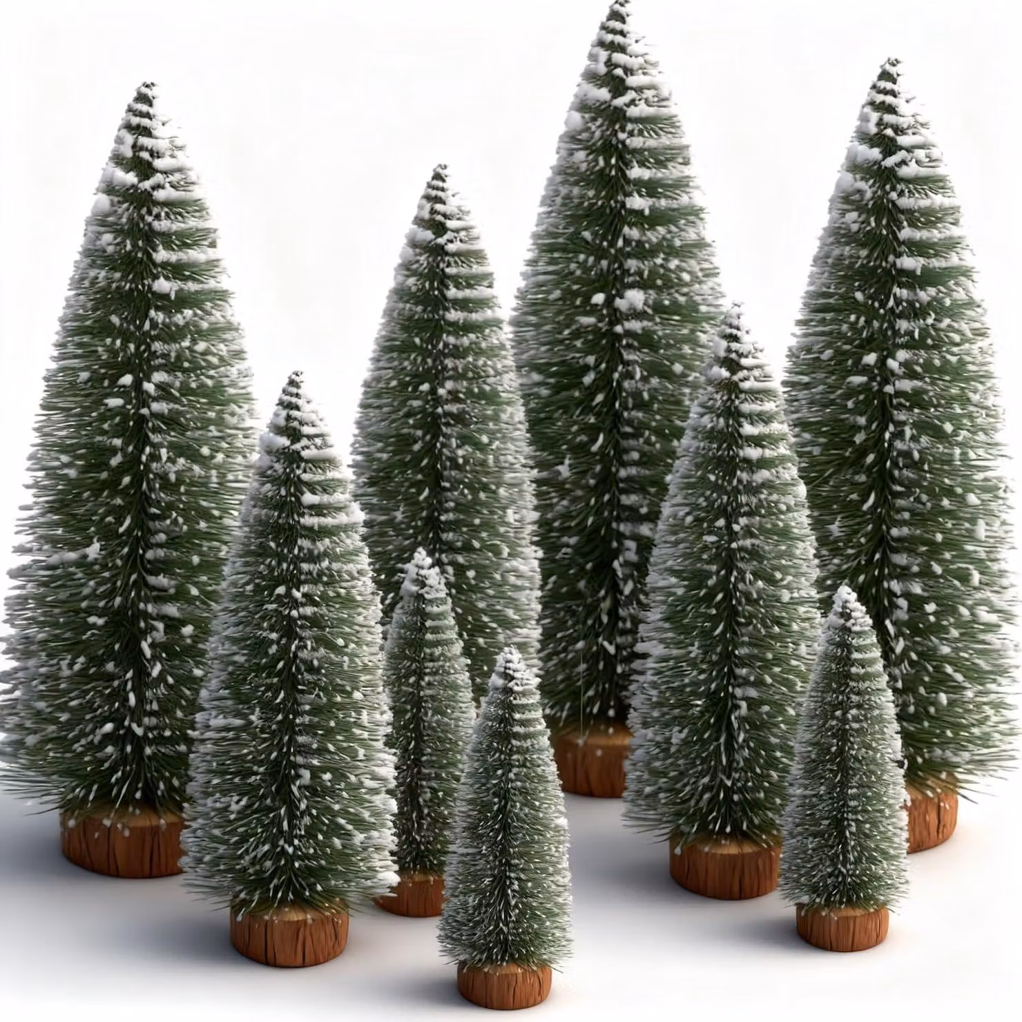 Set di mini alberelli di Natale decorativi, composto da 9 pezzi, disponibili nelle dimensioni di 10/15/20 cm, con effetto neve, ideali per le decorazioni natalizie