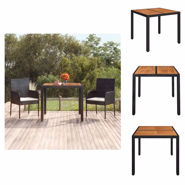 vidaXL Tavolo da giardino con piano in legno nero 90x90x75 cm in poly rattan - Tavoli da giardino