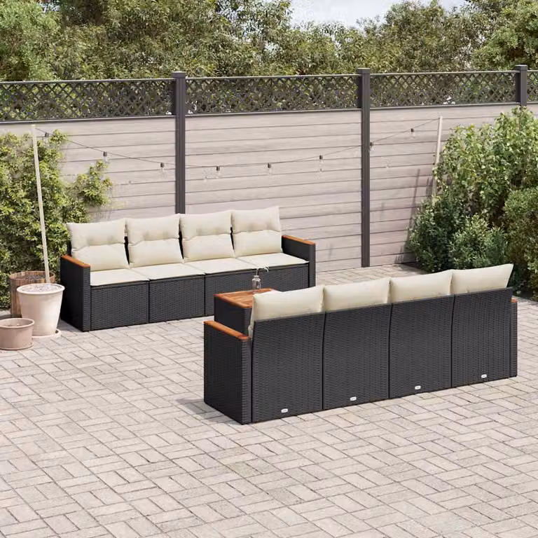 vidaXL Set Divani da Giardino 9 pz in Polyrattan Nero con Cuscini e Tavolino da Esterno