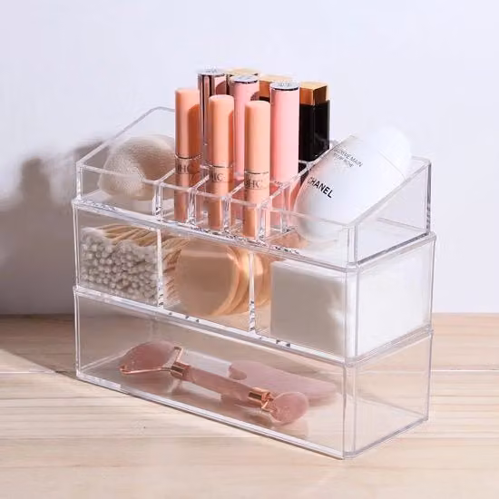 Organizzatore per trucco e cosmetici in acrilico trasparente con 3 ripiani e 15 compartimenti per smalti e accessori
