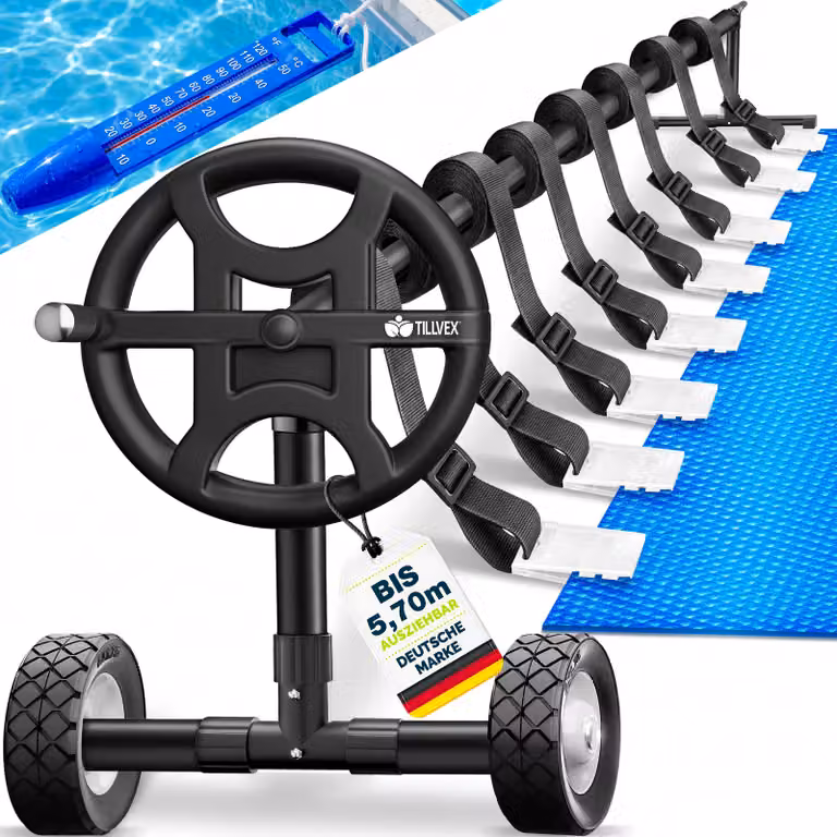 Avvolgitore per piscina Tillvex Premium 3-5,70 m con ruote in gomma piena, termometro e cinghie inclusi | Sistema di avvolgimento per teli solari | Dispositivo di avvolgimento per teli e coperture per piscina | Materiale resistente alle intemperie