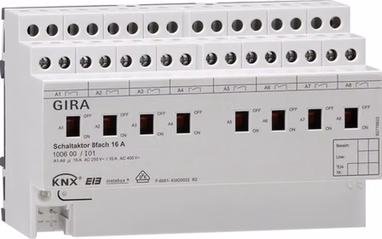 Attuatore di commutazione Gira KNX 8 canali 16A REG con comando manuale, 1 pz.