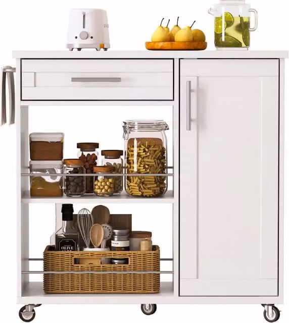 Carrello da cucina con 1 cassetto; 1 armadietto; 2 ripiani aperti; portasciugamani; 4 ruote; per cucina; 90 × 62 × 90 cm