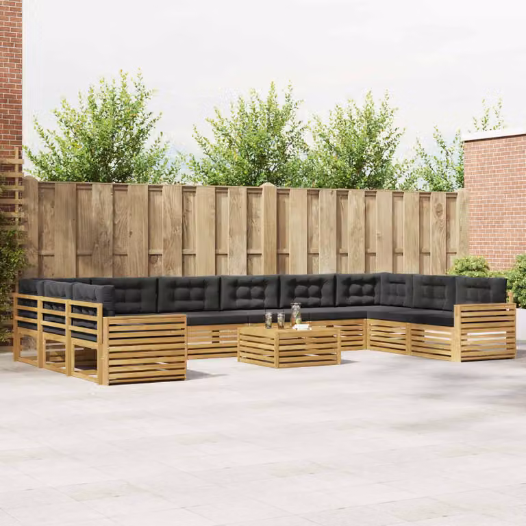 Set di divani da giardino vidaXL in legno di acacia con cuscini, componibile a L, marrone, antracite e grigio