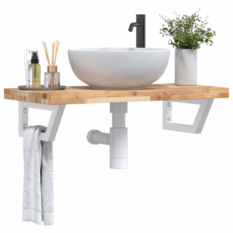 vidaXL Ripiano a Parete per Lavabo in Acacia e Metallo, Bianco e Marrone, L: 60 cm, P: 40 cm, H: 19 cm