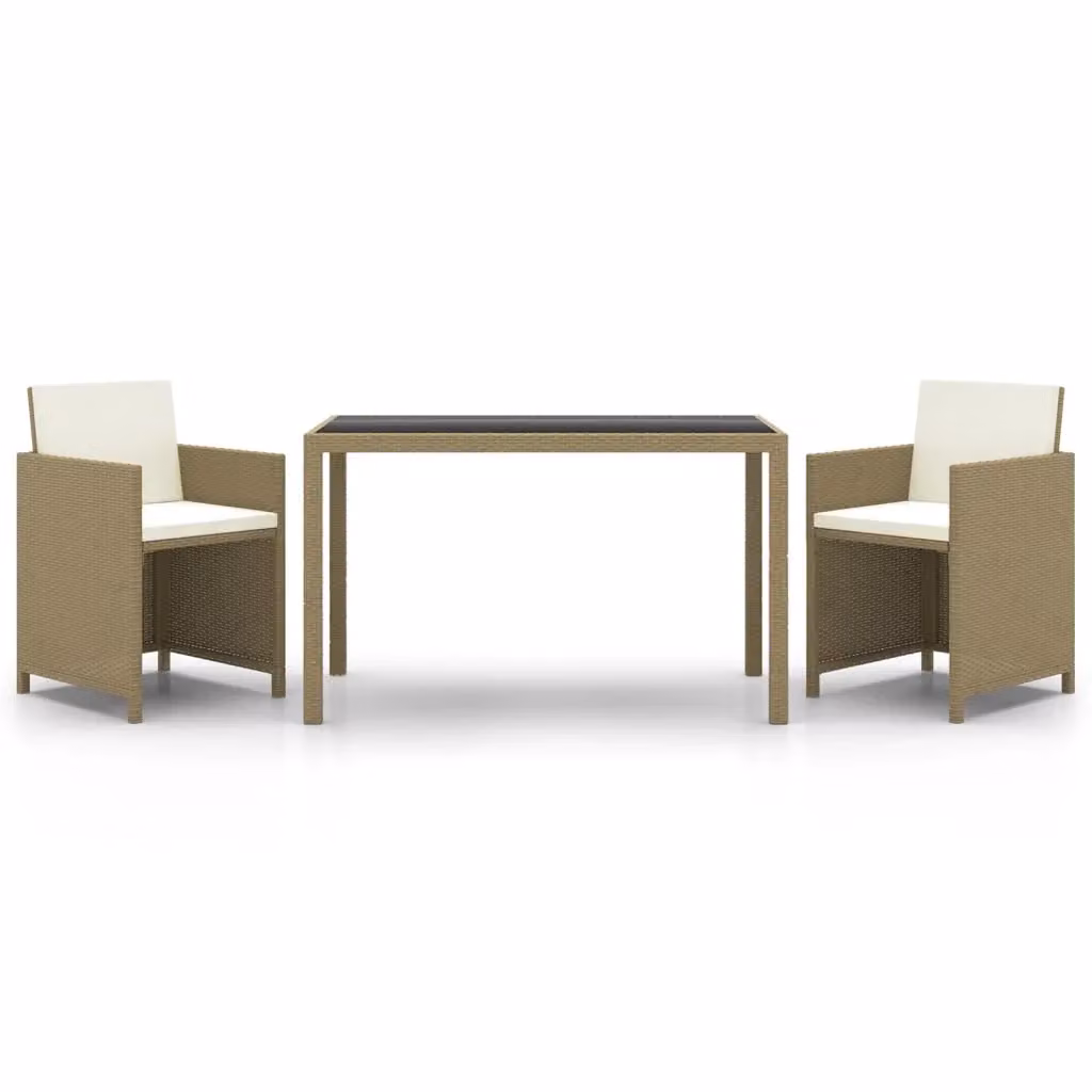 Set da pranzo da giardino moderno vidaXL in polyrattan beige e bianco con tavolo in vetro, 3 pezzi – 2