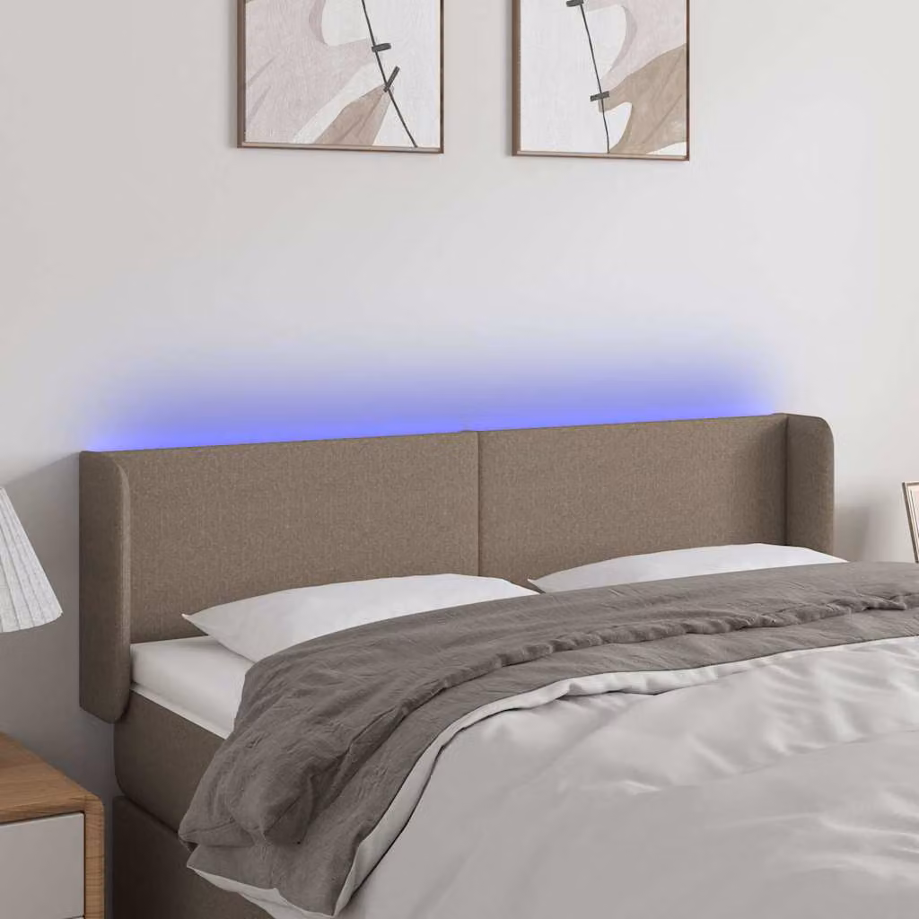 Testiera per letto vidaXL con illuminazione LED e porta USB in tessuto tortora, L: 147 cm, P: 16 cm, H: 78-88 cm