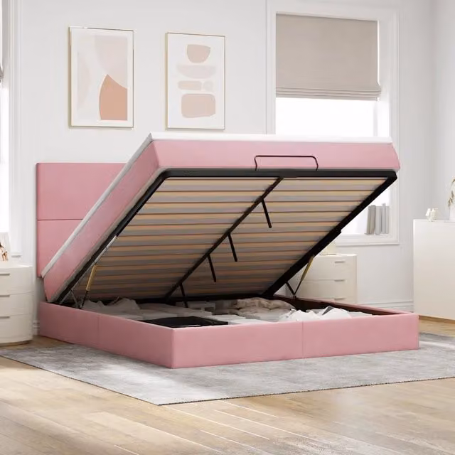 Letto con contenitore a sollevamento vidaXL in velluto rosa e bianco L: 180 cm, P: 200 cm, H: 128 cm – 1