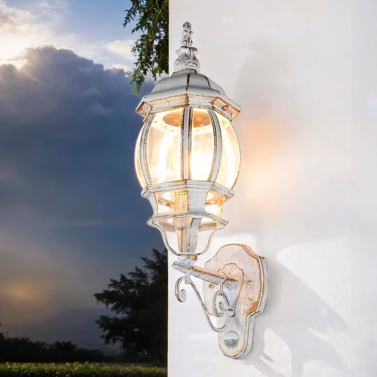 Lampada da parete esterna con sensore di movimento, stile lanterna, attacco E27, grado di protezione IP23, 54 cm, colore bianco e oro