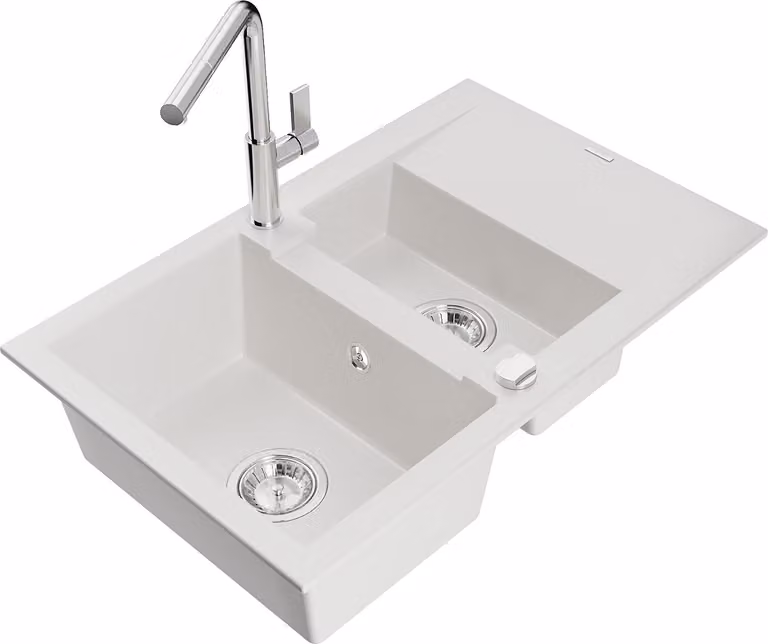 Mexen Gaspar lavello in granito a 1,5 vasche con scolapiatti e rubinetto da cucina Flora, bianco - 6507-20-670401-00