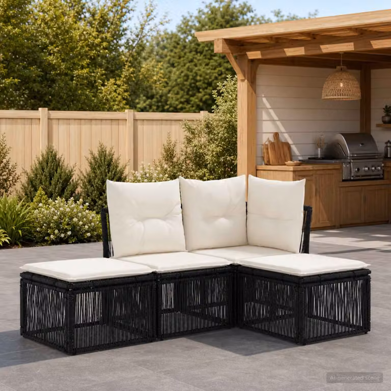 Set Divano da Giardino vidaXL 4 pz a Forma a L con Ottoman, Colore Nero, Struttura in Metallo e Polyrattan con Cuscini Inclusi
