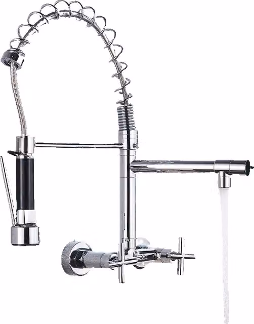 Miscelatore da parete professionale Klarwerk Björn in acciaio inox con doppia doccetta e rubinetto girevole, colore argento brillante