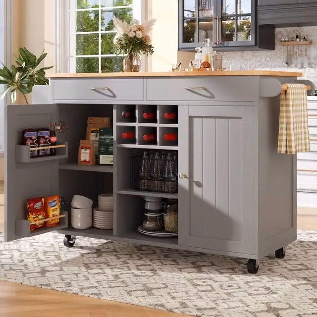 Isola da cucina multifunzione WISHDOR grigia con ruote e piano in MDF effetto legno, L: 102 cm, P: 45 cm, H: 92 cm