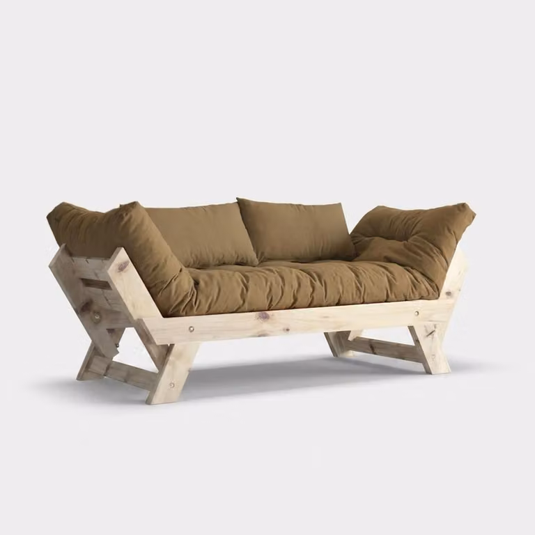 Divano letto in legno SORAI con rivestimento in lino idrorepellente e schienale regolabile - Colore cammello