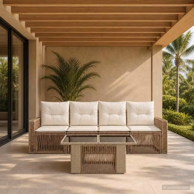 Set da giardino moderno vidaXL in polyrattan composto da 5 pezzi con divani e tavolino da caffè, colori beige e bianco – 1