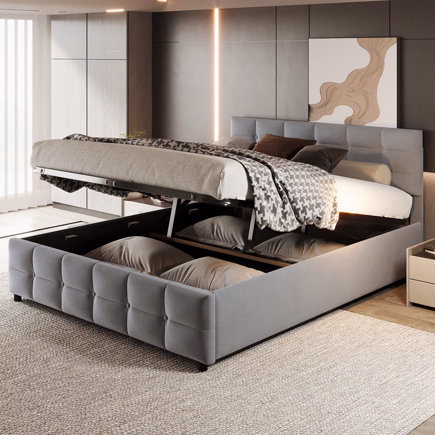 Letto imbottito idraulico Flieks 180x200cm con rete a doghe, letto contenitore con testiera regolabile in altezza, letto matrimoniale letto per ragazzi, velluto