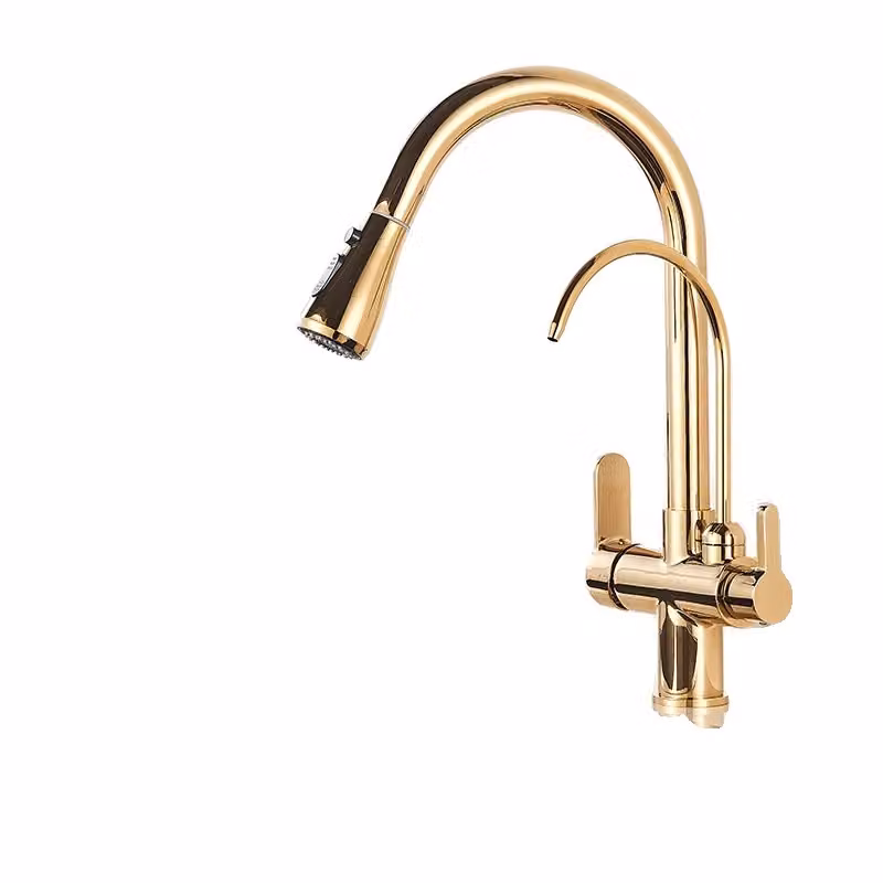 Rubinetto da cucina filtrato, acqua fredda e calda, funzione spray estraibile, Golden