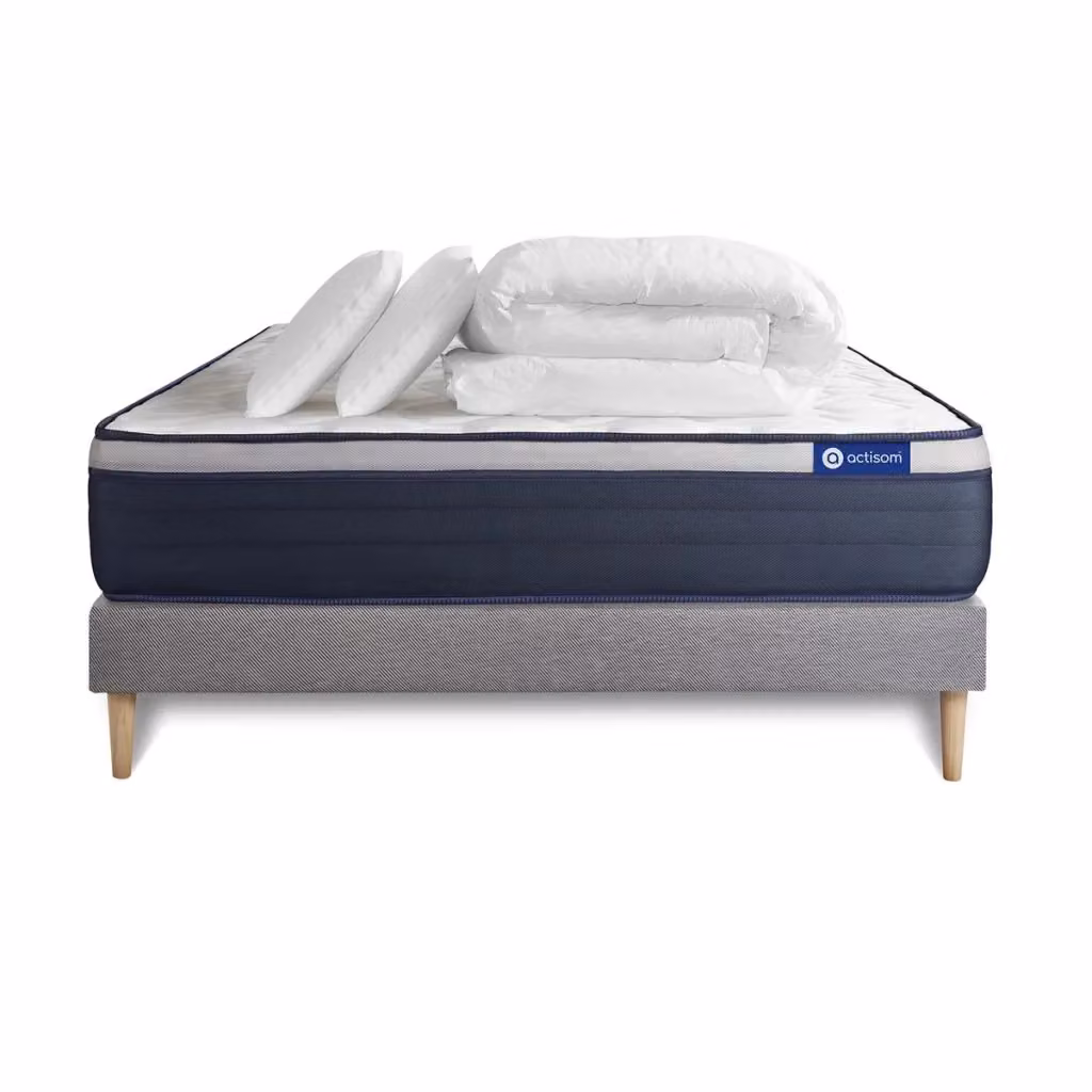 Kit letto completo Actisom Actiflex Max con materasso ibrido, box spring imbottito, doghe, 2 cuscini e piumino, colore grigio, L/P: 180 x 200 cm – 2