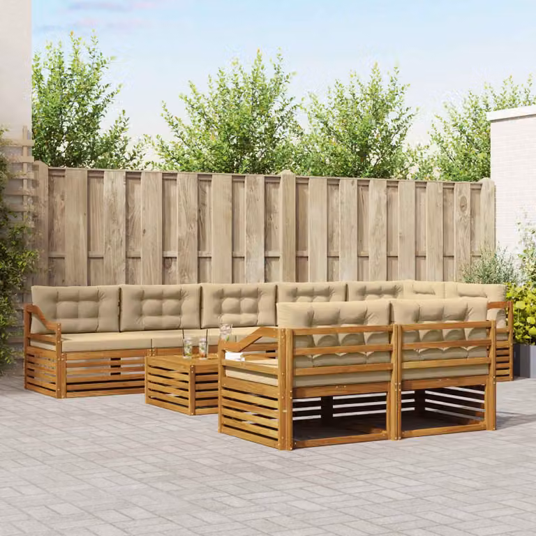 Set di divani da esterno vidaXL 9 pz in legno di acacia con cuscini e tavolino, beige e marrone