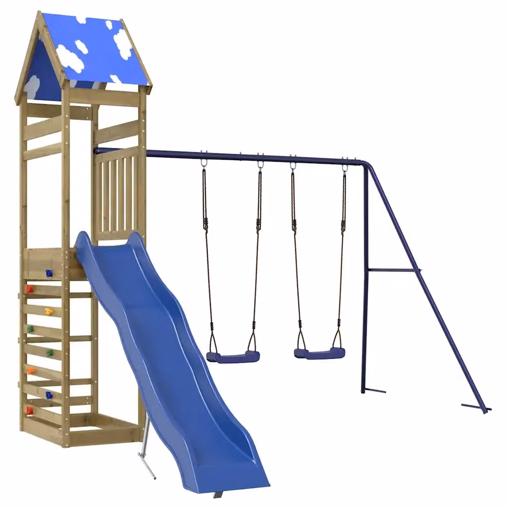 vidaXL Set da Gioco da Esterno con Torre di Gioco, Scivolo, Altalena e Sabbiera in Legno, Blu e Marrone, L/P/H: 335 x 316 x 265 cm – 2