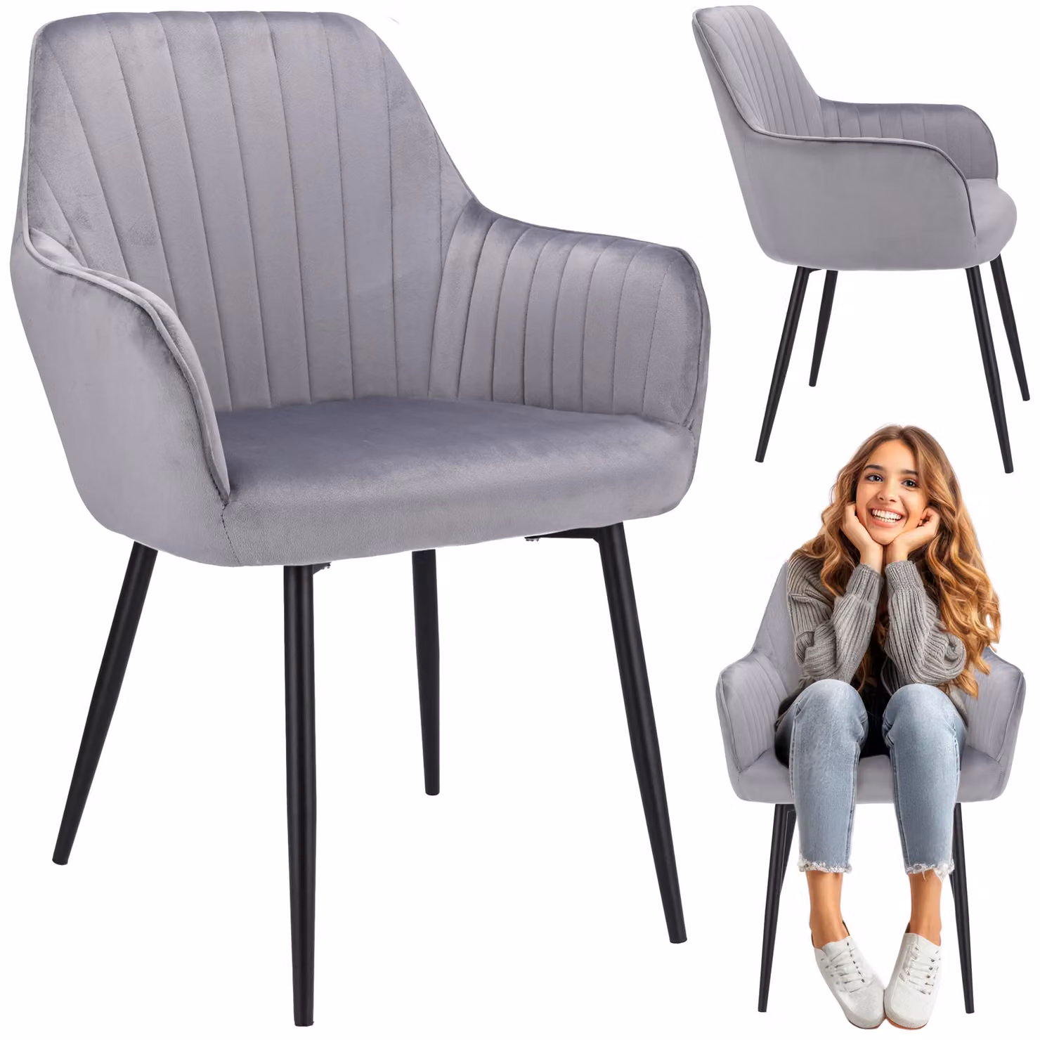 JUMI Sedia elegante CORA, ideale per la cucina, il soggiorno, la sala da pranzo, rivestita in velluto grigio