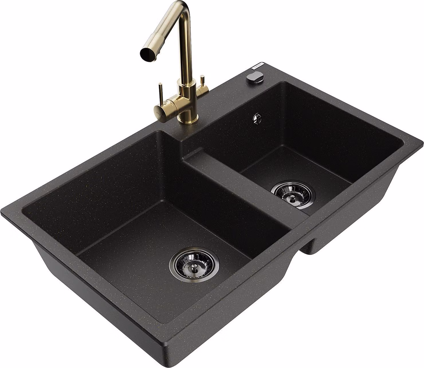 Mexen Tomas lavello in granito a 2 vasche con rubinetto da cucina Duero, nero/oro metallizzato - 6516-75-671600-50-B