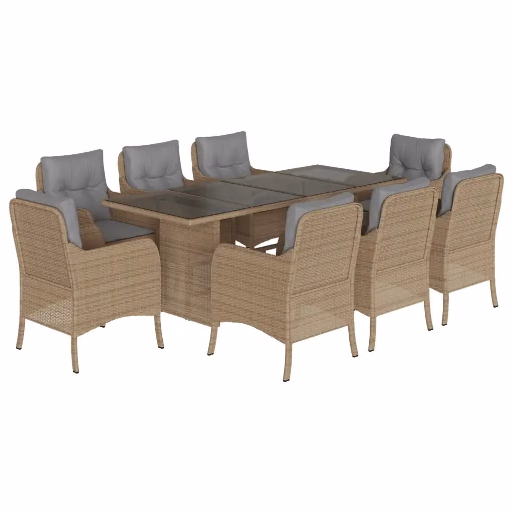Set da pranzo da giardino vidaXL in polyrattan con cuscini beige e grigi e tavolo in vetro, 9 pezzi – 2