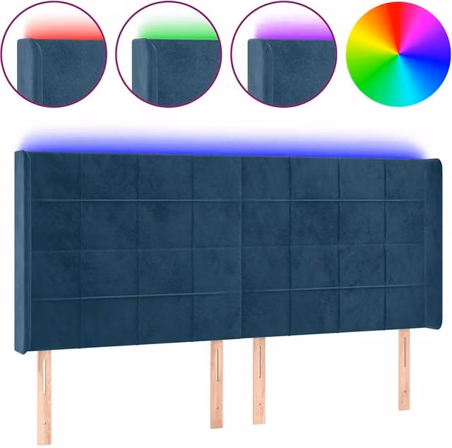 Testiera moderna in velluto blu scuro con illuminazione LED integrata e porta di ricarica USB, L/P/H: 203 x 16 x 118/128 cm