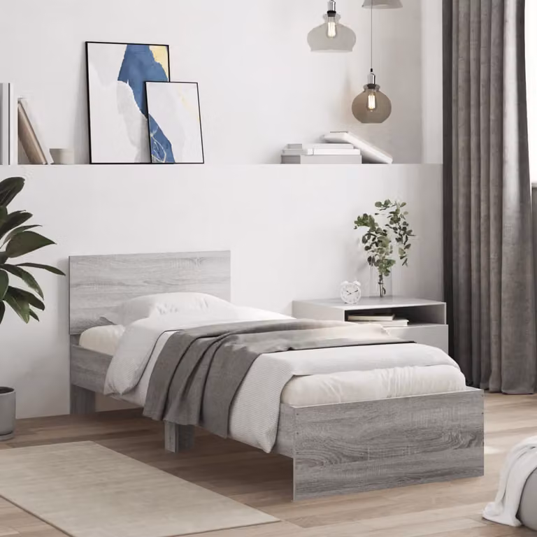 Letto con giroletto e testiera vidaXL in legno multistrato, Grigio Sonoma, L 90 x P 200 cm