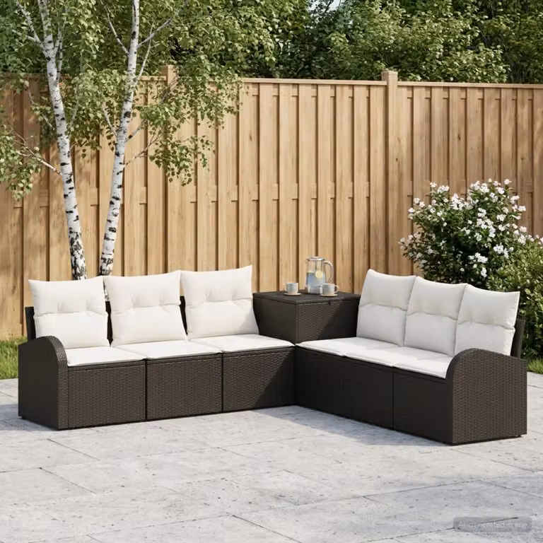 vidaXL Set di divani da giardino 7 pezzi in polyrattan con cuscini, design moderno a L, colori nero, bianco e marrone