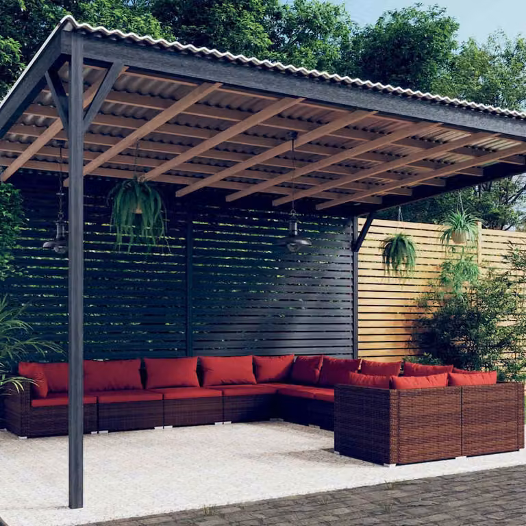 vidaXL Set di Divani da Giardino a Forma di U con 10 Pezzi, Polyrattan Marrone e Rosso con Cuscini e Rivestimenti Rimovibili
