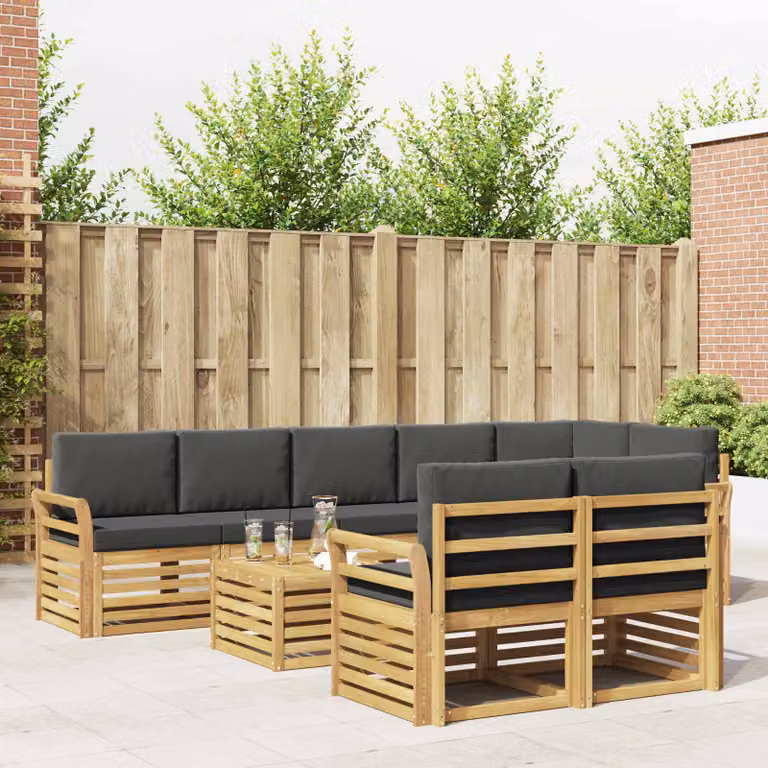 Set di divani da esterno vidaXL 9 pz a forma di L con tavolino, struttura in legno di acacia e cuscini bianchi e antracite