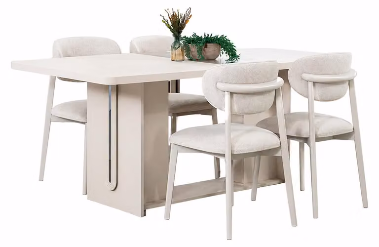 Set elegante per sala da pranzo, composto da un tavolo in legno di design e quattro sedie in tessuto di alta qualità. Set da 5 pezzi