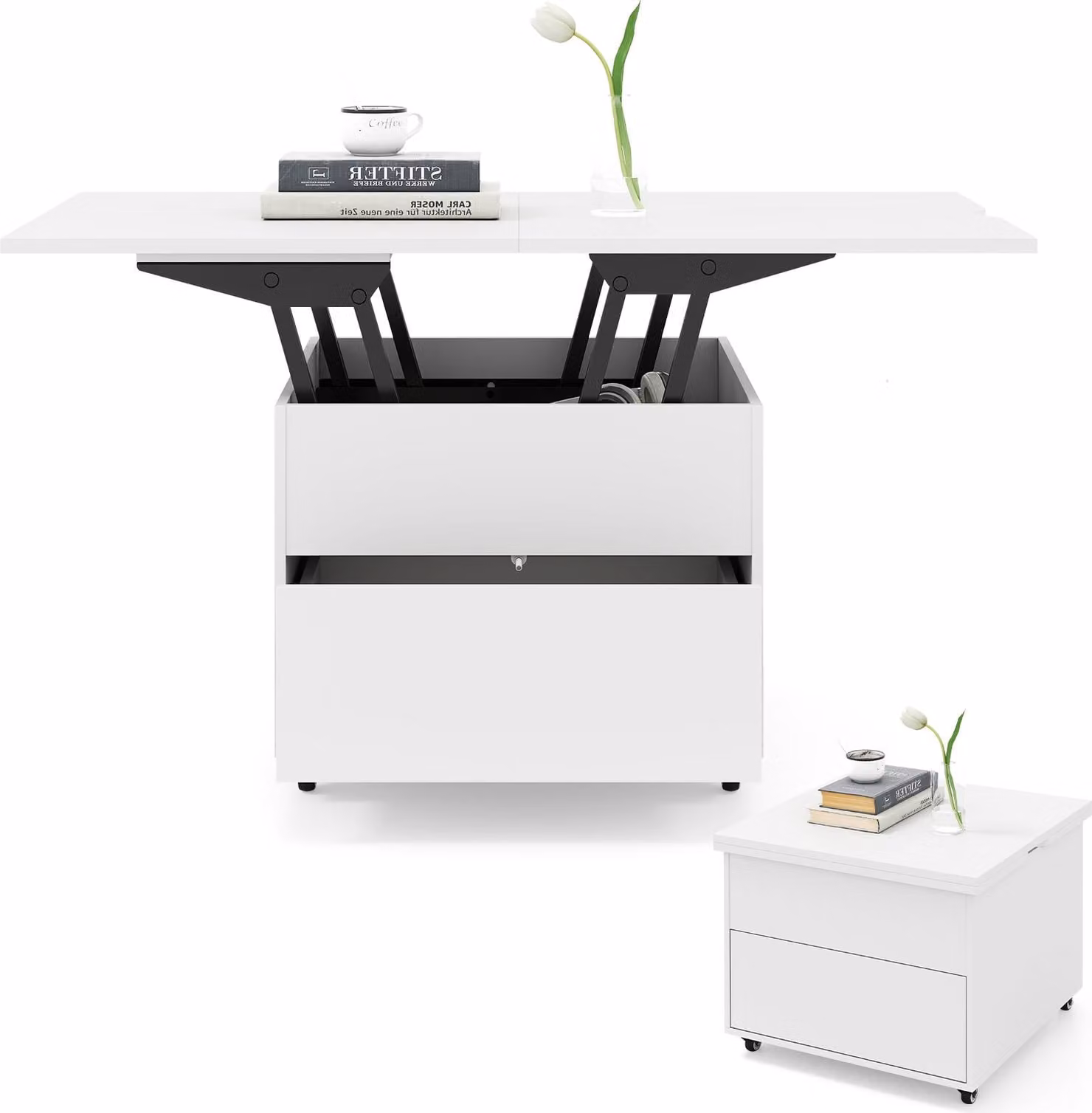 Tavolino da caffè COSTWAY, tavolo da soggiorno con cassetto, rotelle e spazio di archiviazione nascosto, tavolino 3 in 1, tavolino laterale e tavolo da pranzo, tavolo da divano, bianco
