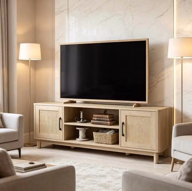 Mobile TV 135x39x45 cm rovere in rattan con vani e ante
