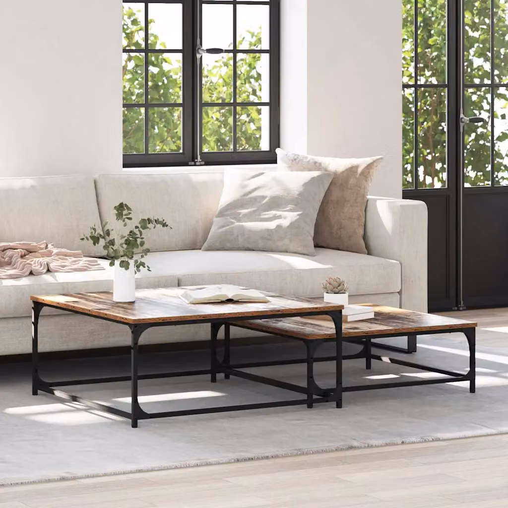 Set di 2 tavolini da salotto vidaXL in stile moderno color marrone con finitura legno vecchio, L/P/H: 80 x 80 x 35 cm
