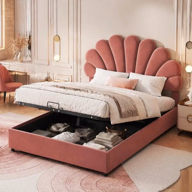 Letto matrimoniale imbottito 140x200 cm rosa in velluto con contenitore idraulico