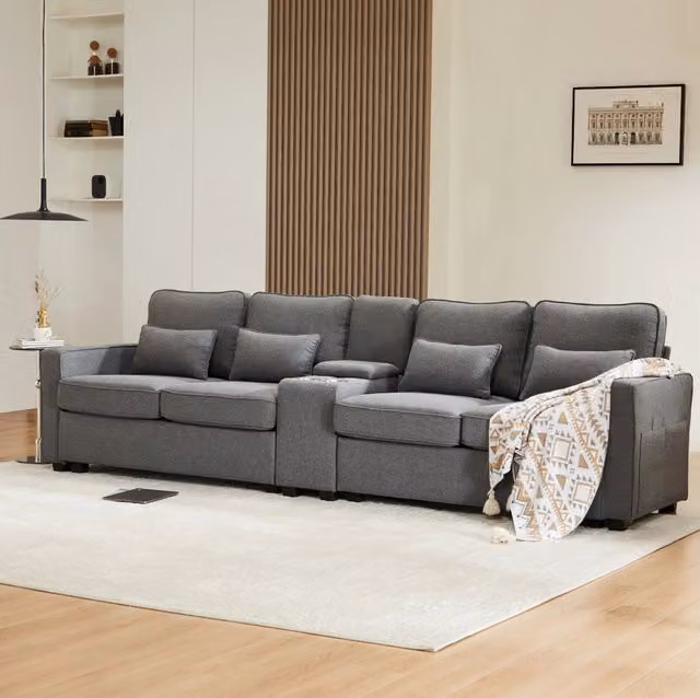 Divano 4 posti con console; 2 portabicchieri e USB; 290 × 83 × 88 cm; effetto lino grigio scuro