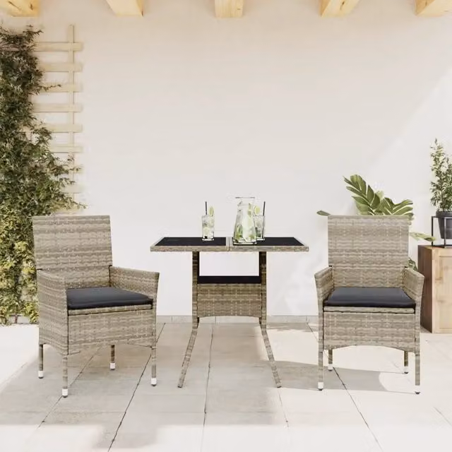 Set Pranzo da Giardino 3pz con Cuscini Polyrattan e Vetro 3278611