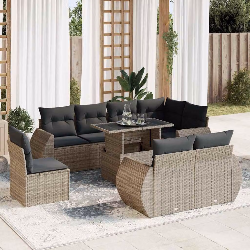 vidaXL Set Divano da Giardino 9 pz a forma di U con Cuscini Grigio in Polyrattan e Struttura in Metallo
