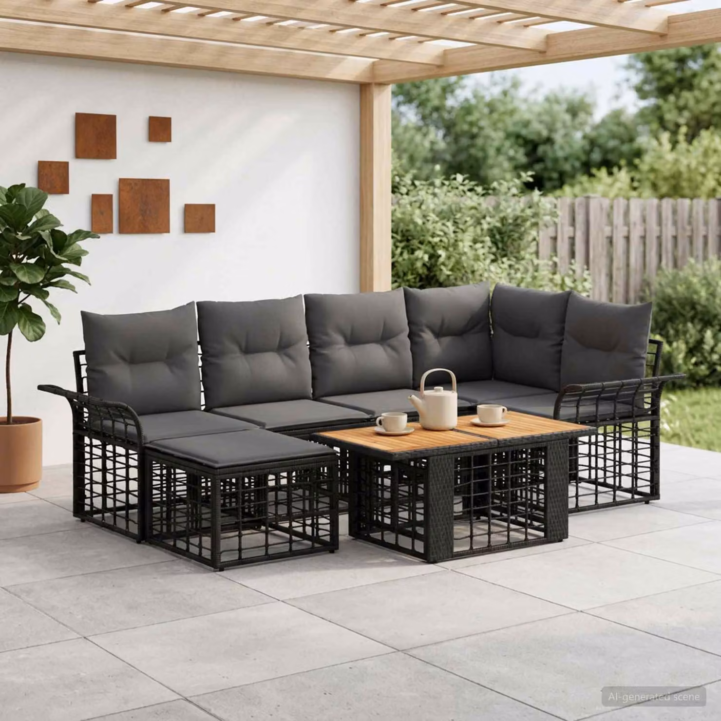 Set Divano da Giardino vidaXL 7 pz a Forma a L in Polyrattan con Cuscini, Nero e Grigio