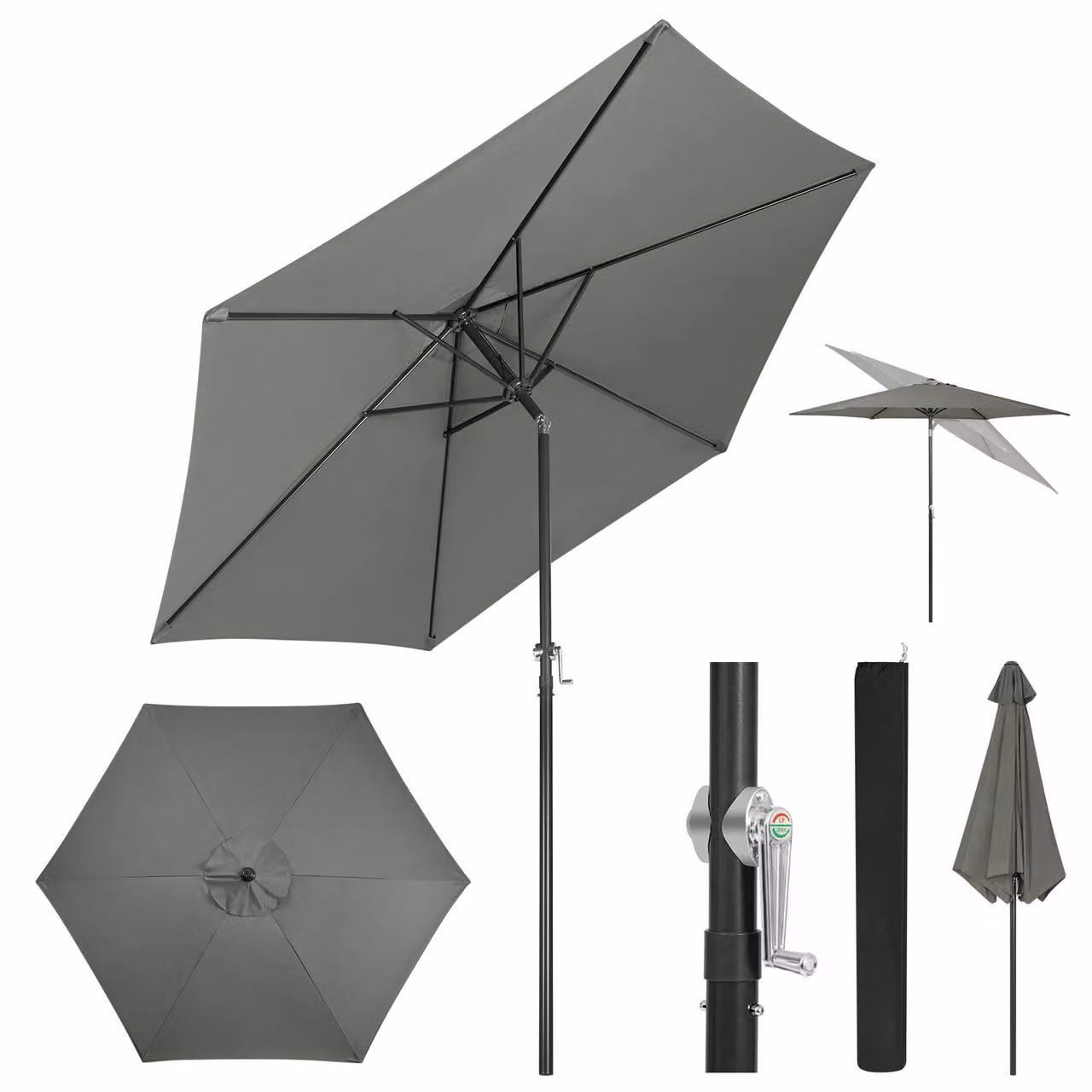 Ombrellone esagonale con manovella, resistente ai raggi UV, inclinabile a 45° | Grigio scuro | 270x270x236 cm