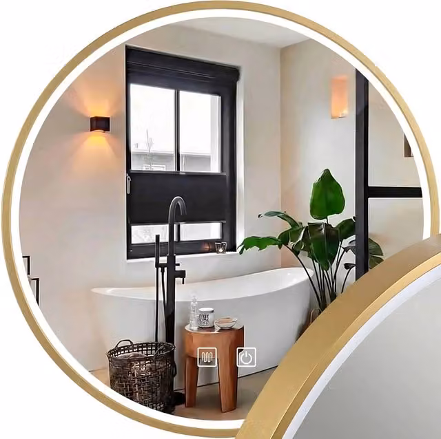 Specchio da parete tondo con luce LED Rea in metallo e vetro, colore Gold, Diametro: 60 cm