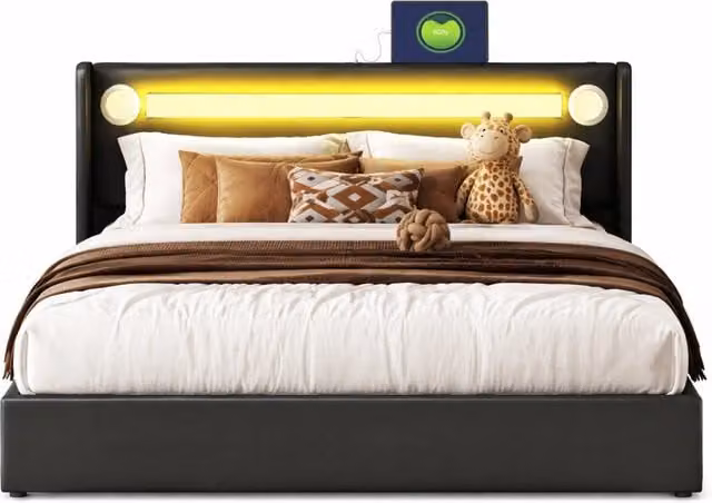 Letto matrimoniale 160x200 cm con contenitore idraulico; LED; Bluetooth e USB in PU nero